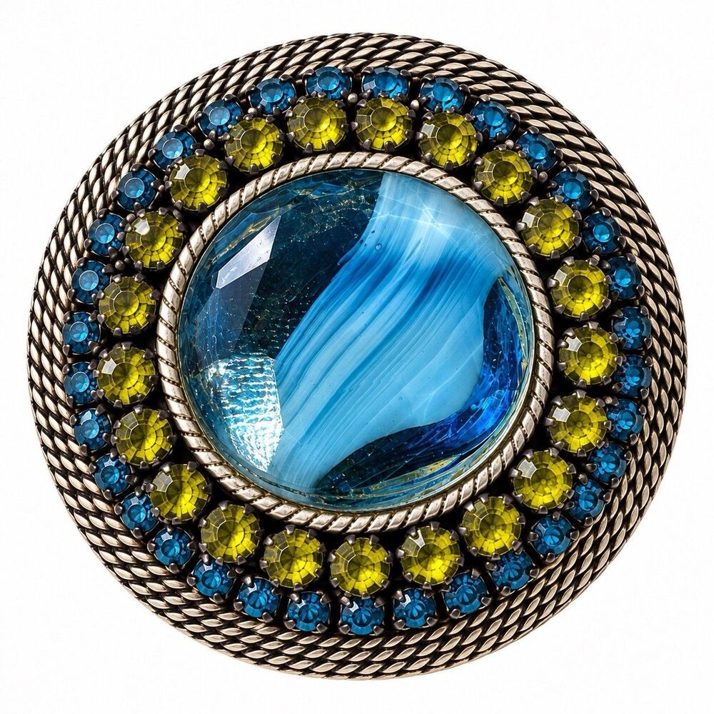 HAR Silvertone Blue, Green Rhinestone Porphyry glass